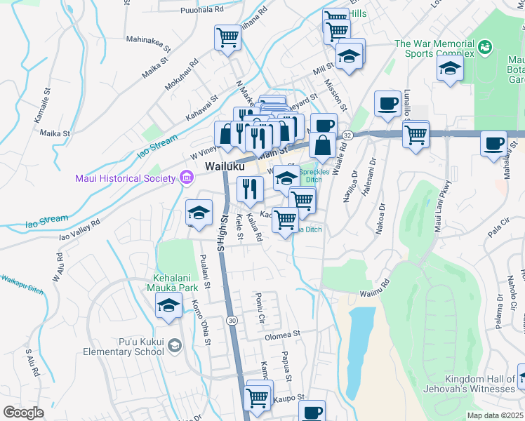 map of restaurants, bars, coffee shops, grocery stores, and more near 2108 Kaohu Street in Wailuku
