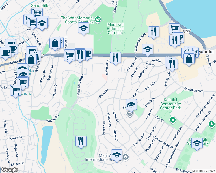 map of restaurants, bars, coffee shops, grocery stores, and more near 732 Pala Circle in Kahului