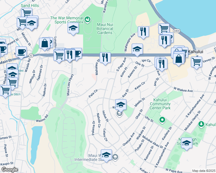 map of restaurants, bars, coffee shops, grocery stores, and more near 183 Holua Drive in Kahului