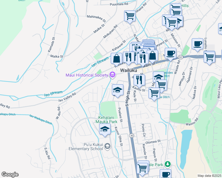 map of restaurants, bars, coffee shops, grocery stores, and more near 223 Lau Oliwa Loop in Wailuku
