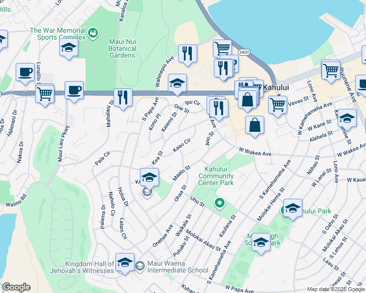 map of restaurants, bars, coffee shops, grocery stores, and more near 475 Kaao Circle in Kahului