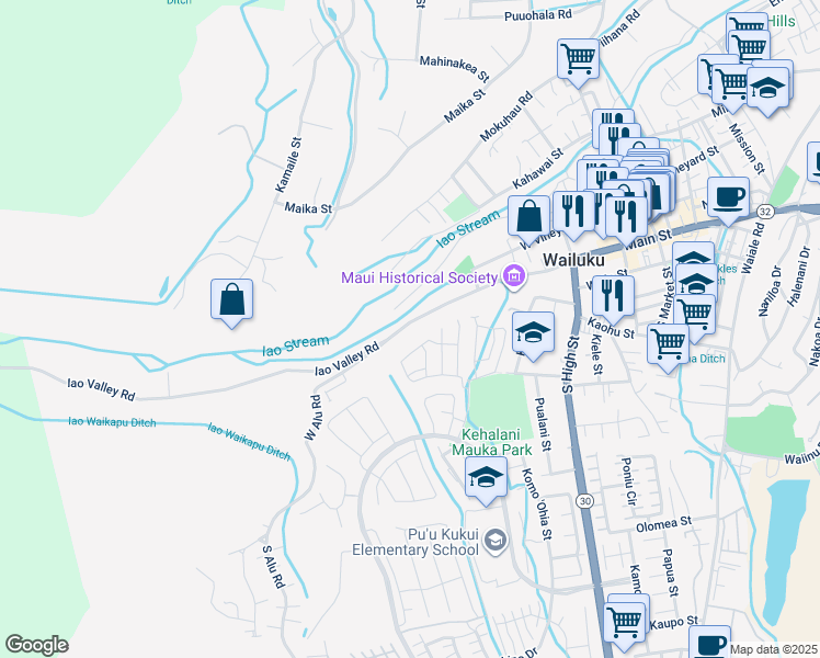 map of restaurants, bars, coffee shops, grocery stores, and more near 2609 Main Street in Wailuku