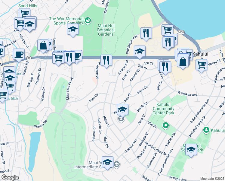 map of restaurants, bars, coffee shops, grocery stores, and more near 176 South Papa Avenue in Kahului