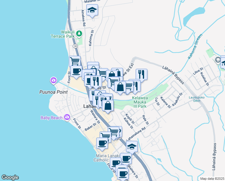 map of restaurants, bars, coffee shops, grocery stores, and more near 40 Kupuohi Street in Lahaina