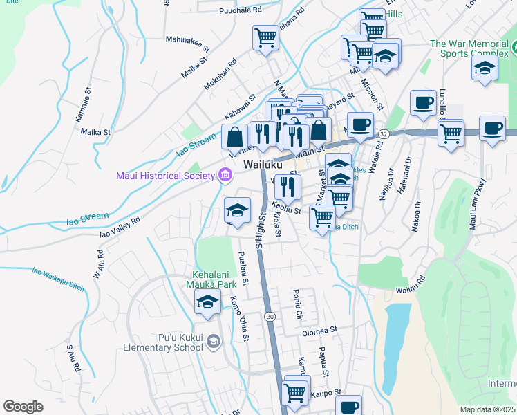 map of restaurants, bars, coffee shops, grocery stores, and more near 252 Awapuhi Place in Wailuku