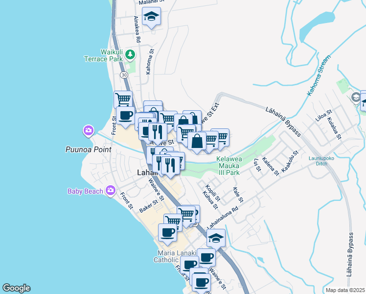map of restaurants, bars, coffee shops, grocery stores, and more near 40 Kupuohi Street in Lahaina