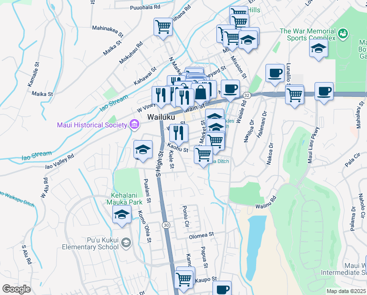 map of restaurants, bars, coffee shops, grocery stores, and more near 2120 Kaohu Street in Wailuku