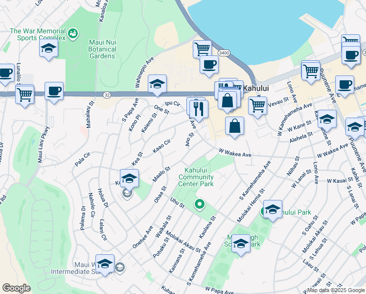 map of restaurants, bars, coffee shops, grocery stores, and more near 418 Ano Street in Kahului