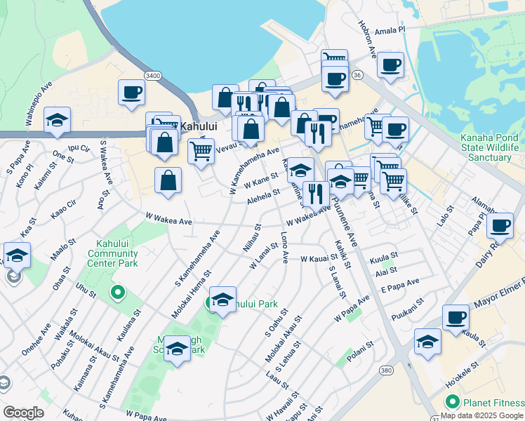 map of restaurants, bars, coffee shops, grocery stores, and more near 144 Niihau Street in Kahului