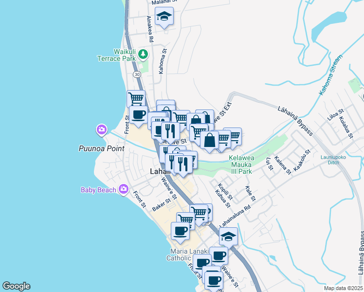 map of restaurants, bars, coffee shops, grocery stores, and more near 15 East Kuu Aku Lane in Lahaina