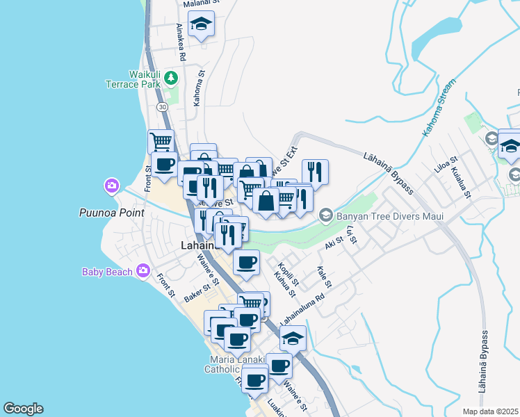 map of restaurants, bars, coffee shops, grocery stores, and more near 41 Kupuohi Street in Lahaina