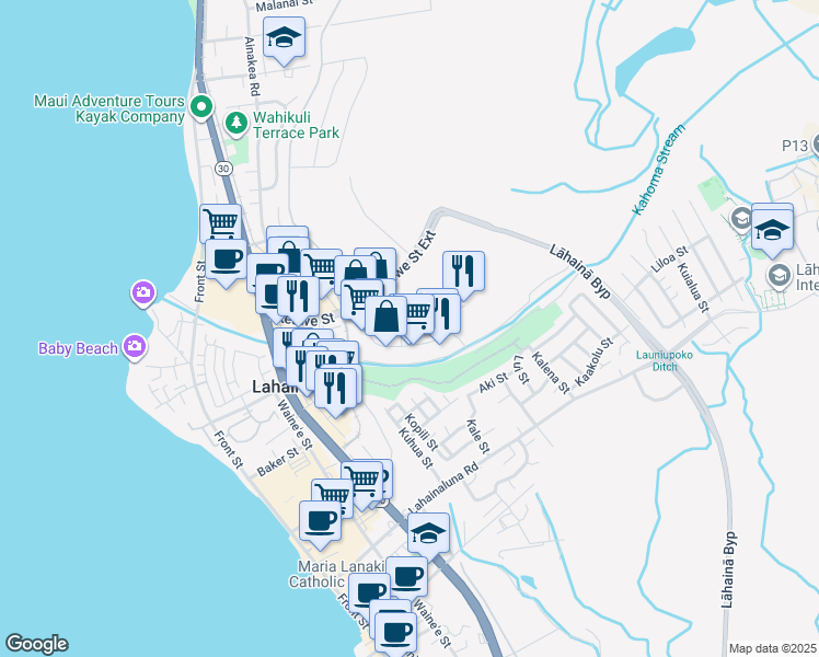 map of restaurants, bars, coffee shops, grocery stores, and more near 151 Kupuohi Street in Lahaina