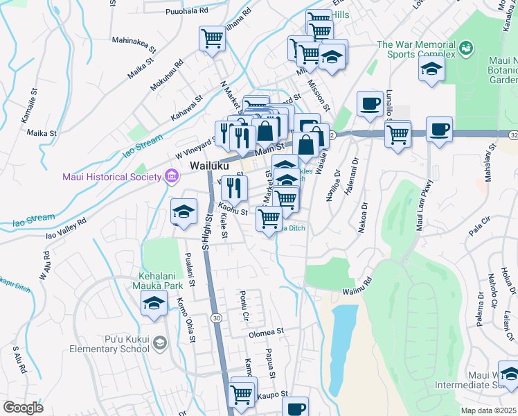 map of restaurants, bars, coffee shops, grocery stores, and more near 260 South Market Street in Wailuku