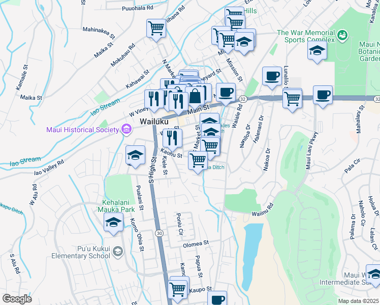 map of restaurants, bars, coffee shops, grocery stores, and more near 2108 Kaohu Street in Wailuku