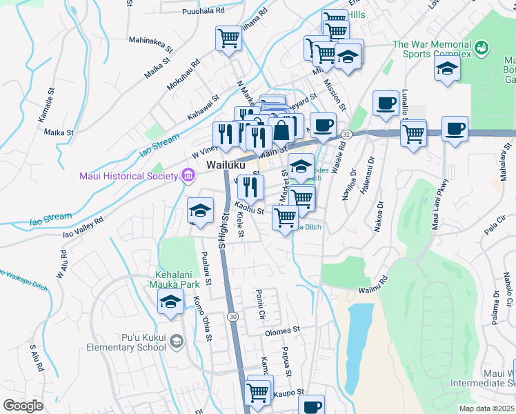 map of restaurants, bars, coffee shops, grocery stores, and more near 2120 Kaohu Street in Wailuku