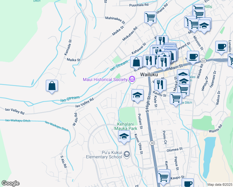 map of restaurants, bars, coffee shops, grocery stores, and more near 54 Kakawahie Place in Wailuku
