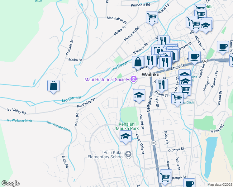map of restaurants, bars, coffee shops, grocery stores, and more near 53 Kakawahie Place in Wailuku