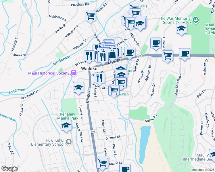 map of restaurants, bars, coffee shops, grocery stores, and more near 2073 Pakolu Street in Wailuku