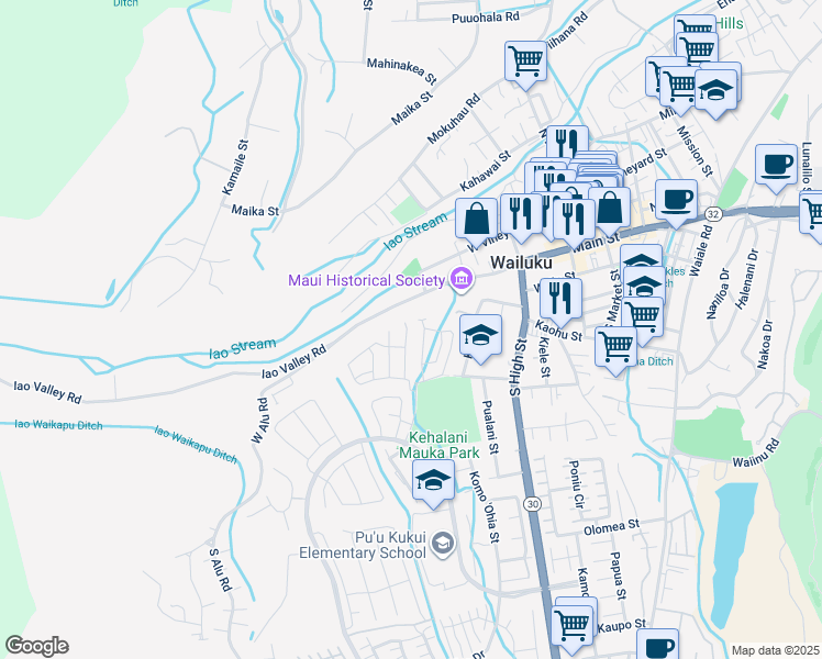 map of restaurants, bars, coffee shops, grocery stores, and more near 54 Kakawahie Place in Wailuku
