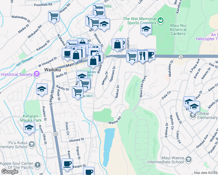map of restaurants, bars, coffee shops, grocery stores, and more near 276B Halenani Drive in Wailuku