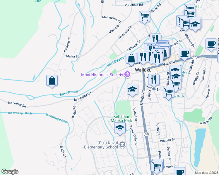 map of restaurants, bars, coffee shops, grocery stores, and more near 179 Akialoa Place in Wailuku