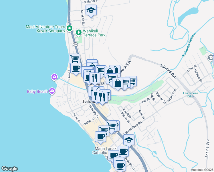 map of restaurants, bars, coffee shops, grocery stores, and more near 31 East Kuu Aku Lane in Lahaina