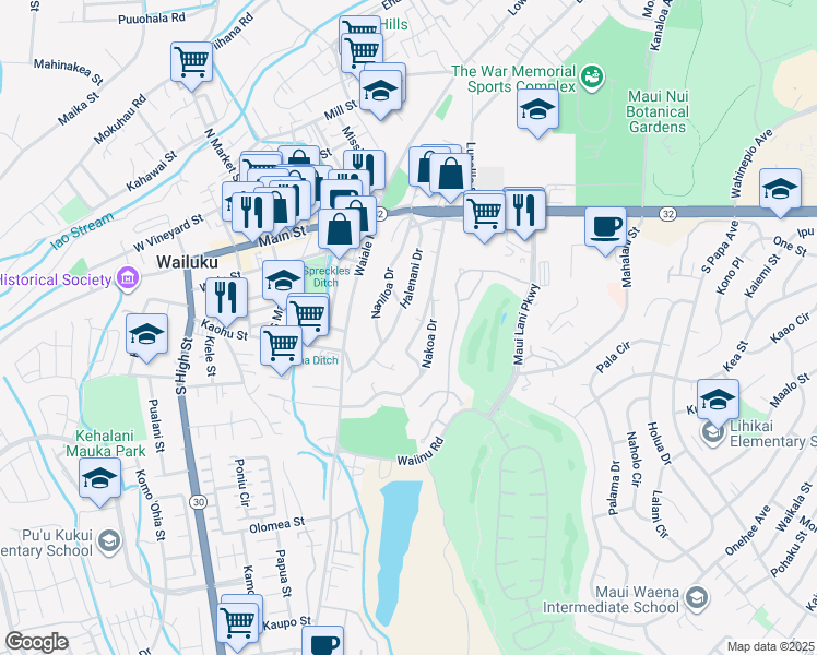 map of restaurants, bars, coffee shops, grocery stores, and more near 272 Halenani Drive in Wailuku
