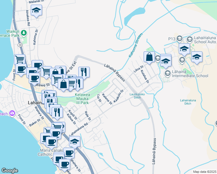 map of restaurants, bars, coffee shops, grocery stores, and more near 604 Kahena Street in Lahaina