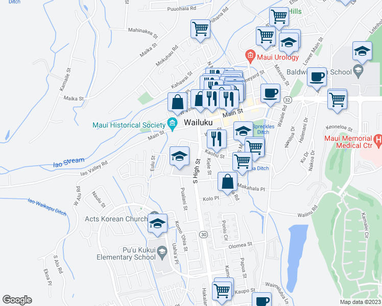 map of restaurants, bars, coffee shops, grocery stores, and more near 252 Awapuhi Place in Wailuku