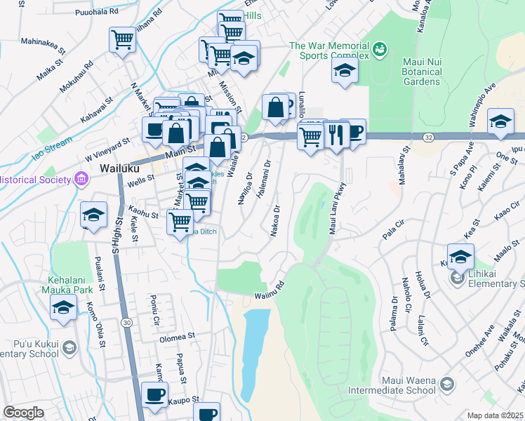 map of restaurants, bars, coffee shops, grocery stores, and more near 272 Halenani Drive in Wailuku