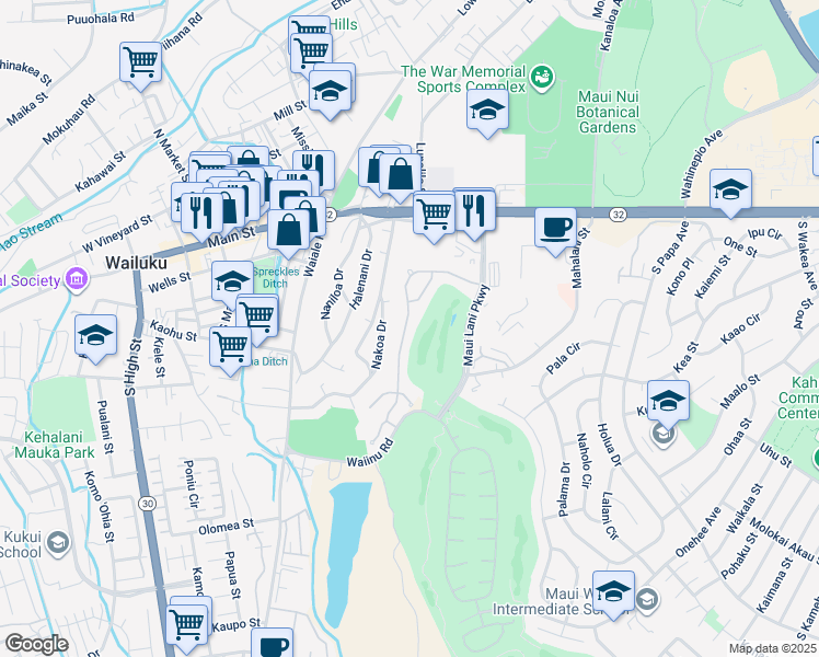 map of restaurants, bars, coffee shops, grocery stores, and more near 117 Keoneloa Street in Wailuku