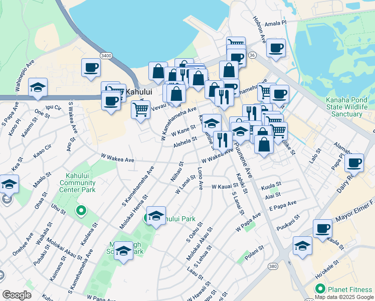 map of restaurants, bars, coffee shops, grocery stores, and more near 138 Niihau Street in Kahului