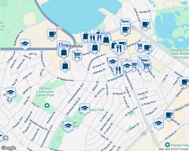 map of restaurants, bars, coffee shops, grocery stores, and more near 189 Molokai Hema Street in Kahului