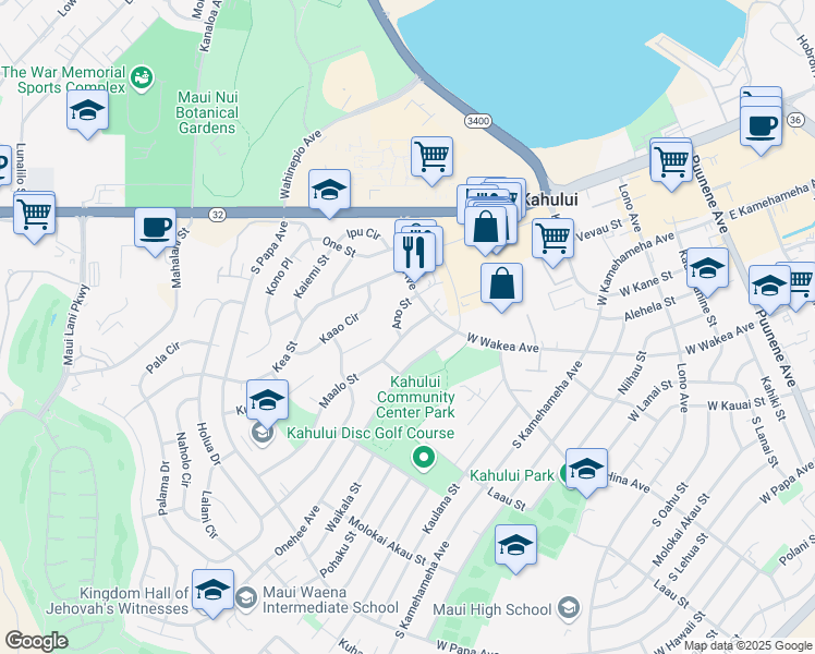 map of restaurants, bars, coffee shops, grocery stores, and more near 390 Maalo Street in Kahului
