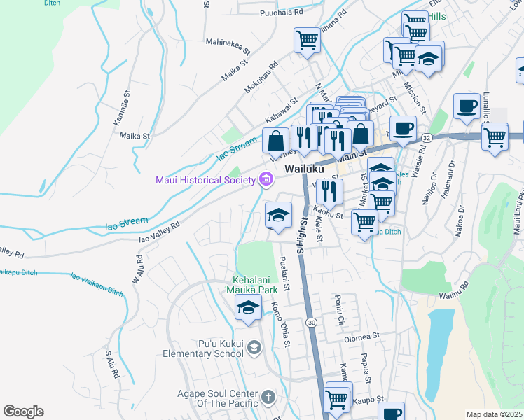 map of restaurants, bars, coffee shops, grocery stores, and more near 215 Lau Oliwa Loop in Wailuku
