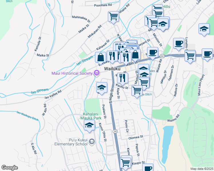 map of restaurants, bars, coffee shops, grocery stores, and more near 252 Awapuhi Place in Wailuku