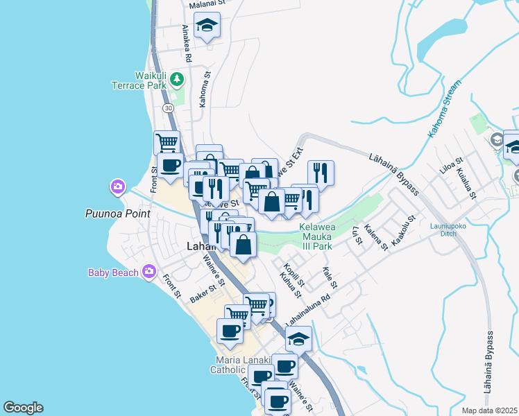 map of restaurants, bars, coffee shops, grocery stores, and more near 40 Kupuohi Street in Lahaina
