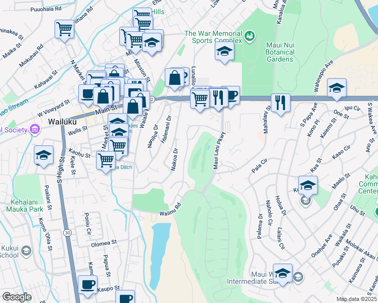 map of restaurants, bars, coffee shops, grocery stores, and more near 117 Keoneloa Street in Wailuku