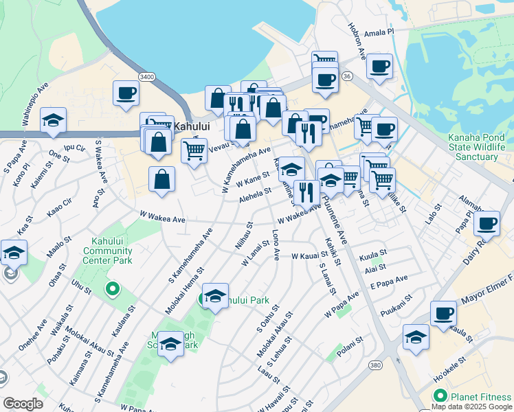 map of restaurants, bars, coffee shops, grocery stores, and more near 138 Niihau Street in Kahului