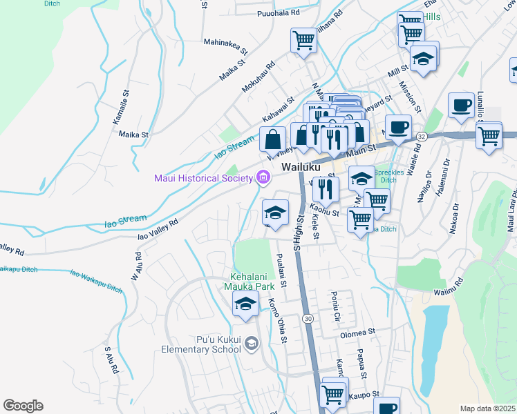 map of restaurants, bars, coffee shops, grocery stores, and more near 203 Lau Oliwa Loop in Wailuku
