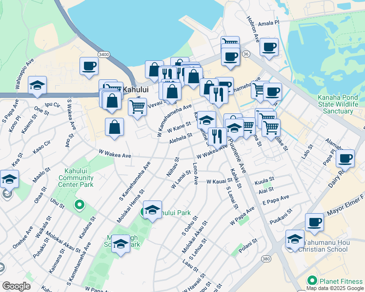 map of restaurants, bars, coffee shops, grocery stores, and more near 138 Niihau Street in Kahului