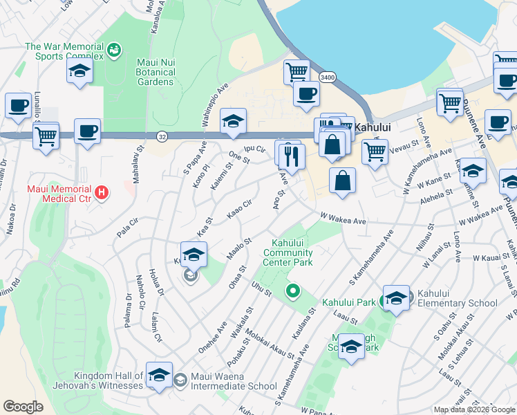 map of restaurants, bars, coffee shops, grocery stores, and more near 442 Aleo Place in Kahului