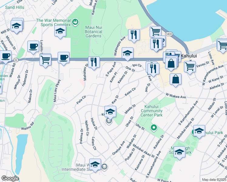 map of restaurants, bars, coffee shops, grocery stores, and more near 537 Niau Street in Kahului