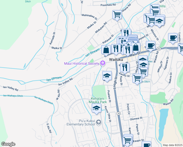 map of restaurants, bars, coffee shops, grocery stores, and more near 58 Kakawahie Place in Wailuku