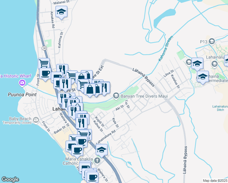 map of restaurants, bars, coffee shops, grocery stores, and more near 258 Kupuohi Street in Lahaina