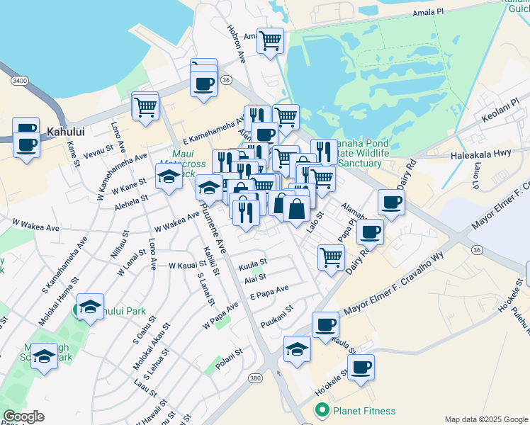 map of restaurants, bars, coffee shops, grocery stores, and more near 320 Hukilike Street in Kahului