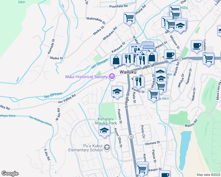 map of restaurants, bars, coffee shops, grocery stores, and more near 121 Eulu Street in Wailuku