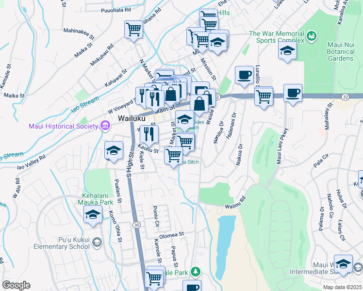 map of restaurants, bars, coffee shops, grocery stores, and more near 260 South Market Street in Wailuku