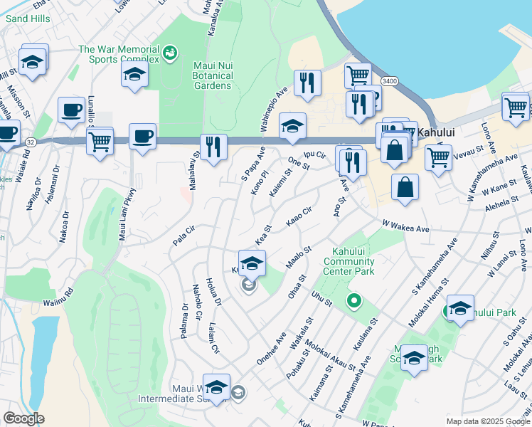 map of restaurants, bars, coffee shops, grocery stores, and more near 525 Niau Street in Kahului
