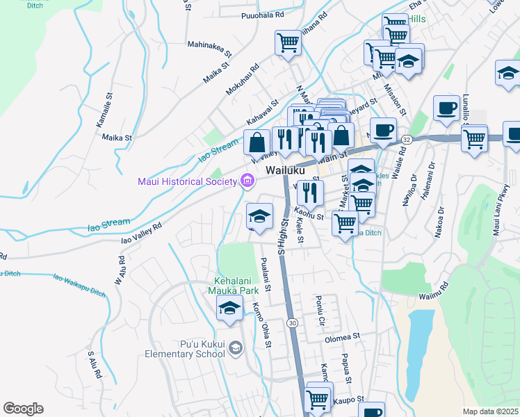 map of restaurants, bars, coffee shops, grocery stores, and more near 230 Koeli Street in Wailuku